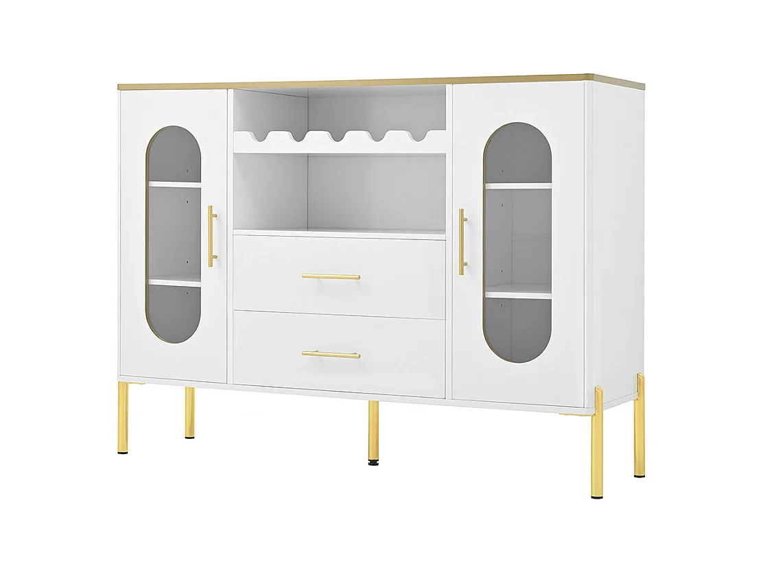 Buffet blanc verre casier bouteilles salon salle à manger pieds réglables espace rangement design moderne