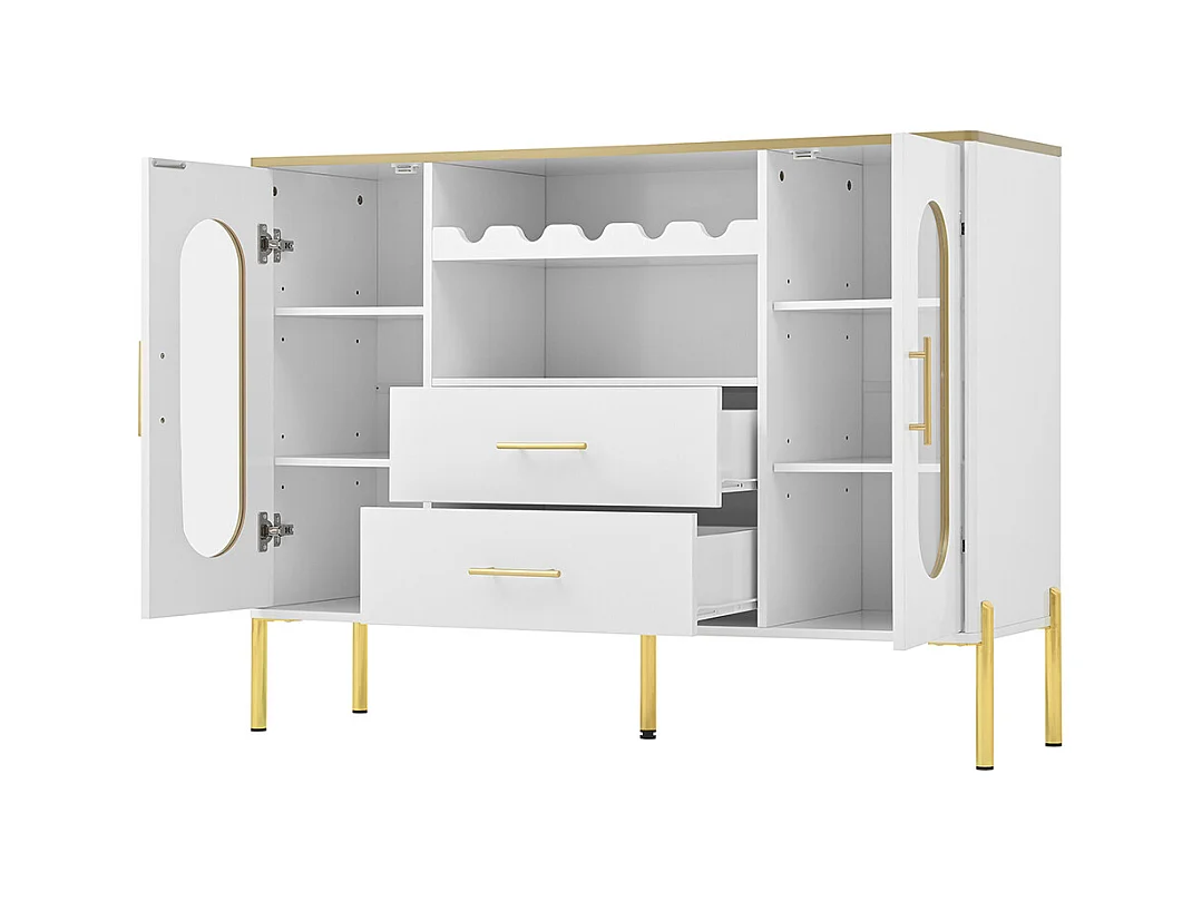 Buffet blanc verre casier bouteilles salon salle à manger pieds réglables espace rangement design moderne