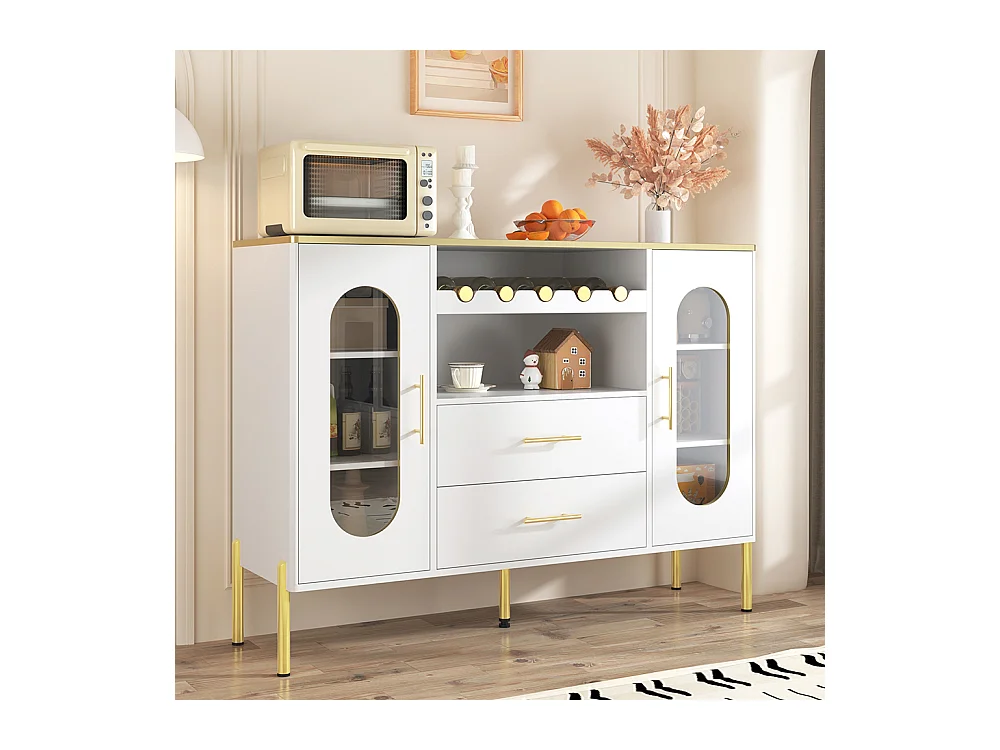 Buffet blanc verre casier bouteilles salon salle à manger pieds réglables espace rangement design moderne