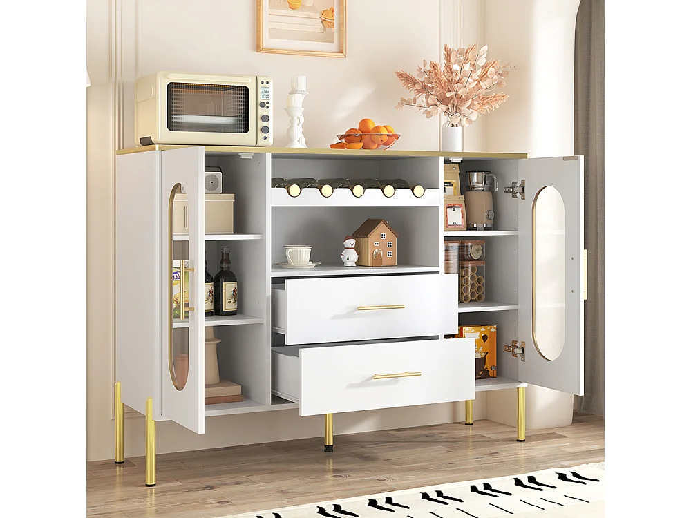 Buffet blanc verre casier bouteilles salon salle à manger pieds réglables espace rangement design moderne