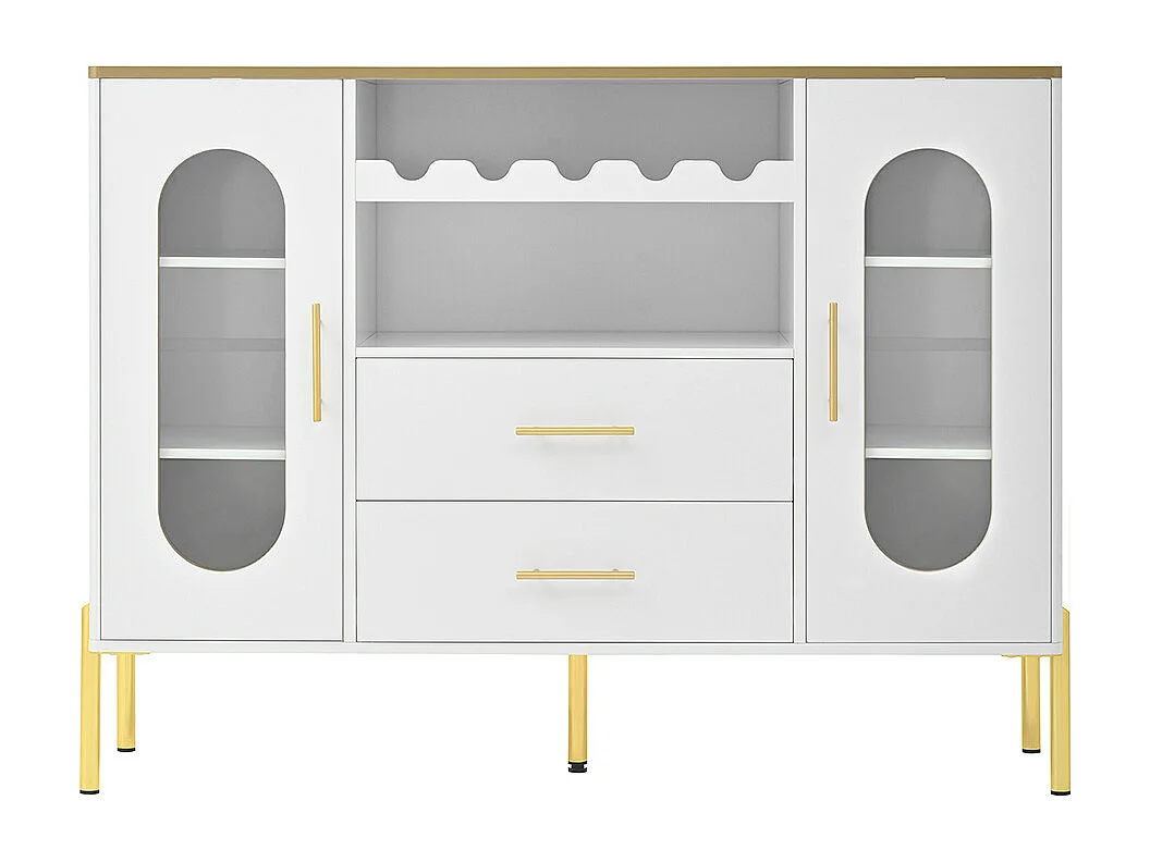 Buffet blanc verre casier bouteilles salon salle à manger pieds réglables espace rangement design moderne