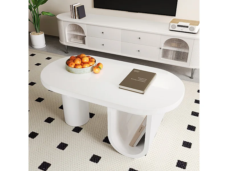 Table basse ovale moderne en blanc pieds en U stables surface facile d'entretien parfaite espace de rangement spacieux blanc