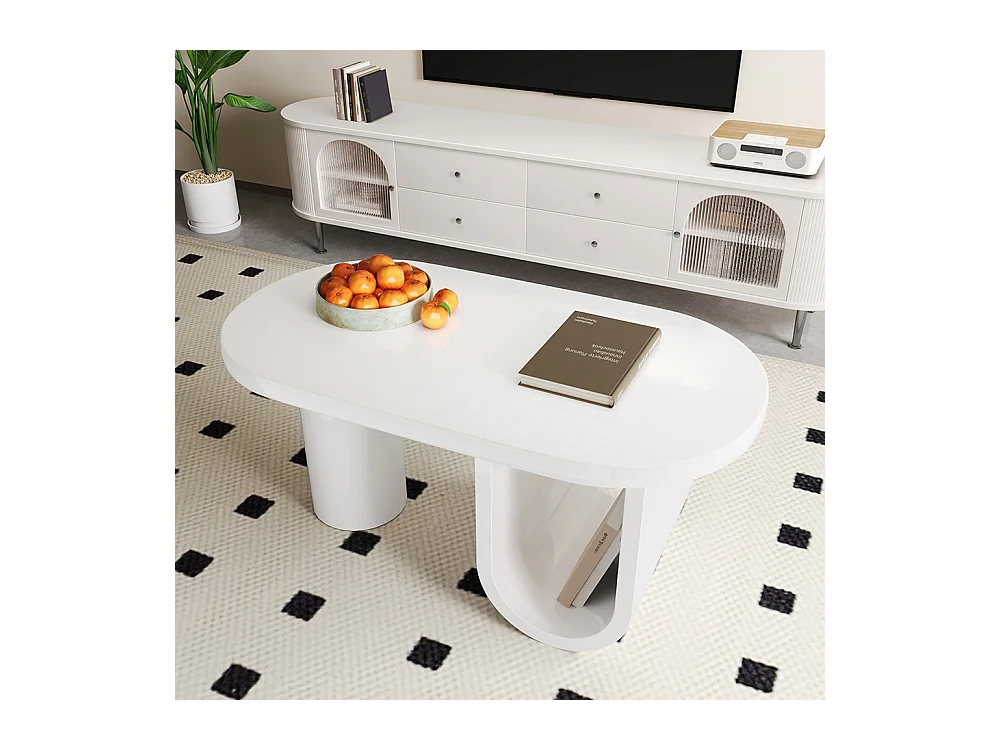 Table basse ovale moderne en blanc pieds en U stables surface facile d'entretien parfaite espace de rangement spacieux blanc
