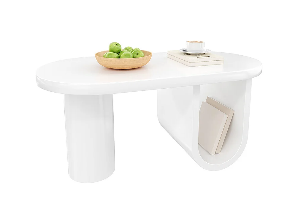 Table basse ovale moderne en blanc pieds en U stables surface facile d'entretien parfaite espace de rangement spacieux blanc
