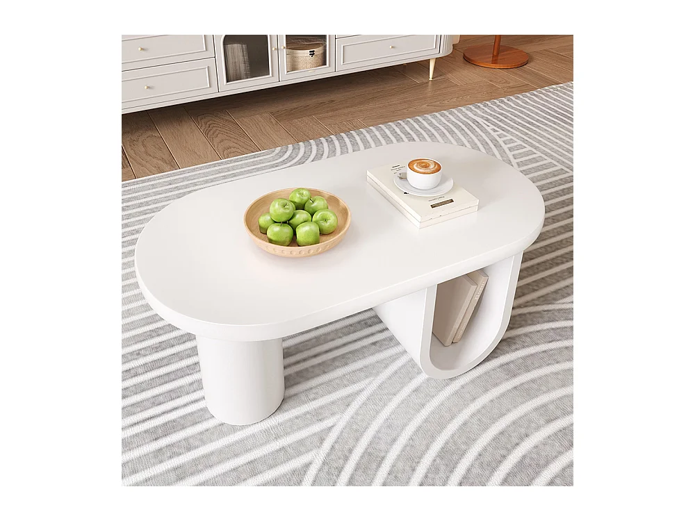 Table basse ovale moderne en blanc pieds en U stables surface facile d'entretien parfaite espace de rangement spacieux blanc