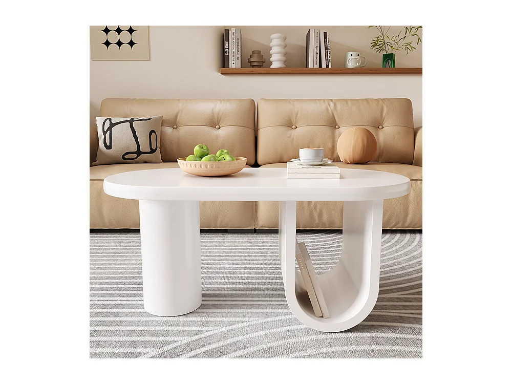 Table basse ovale moderne en blanc pieds en U stables surface facile d'entretien parfaite espace de rangement spacieux blanc