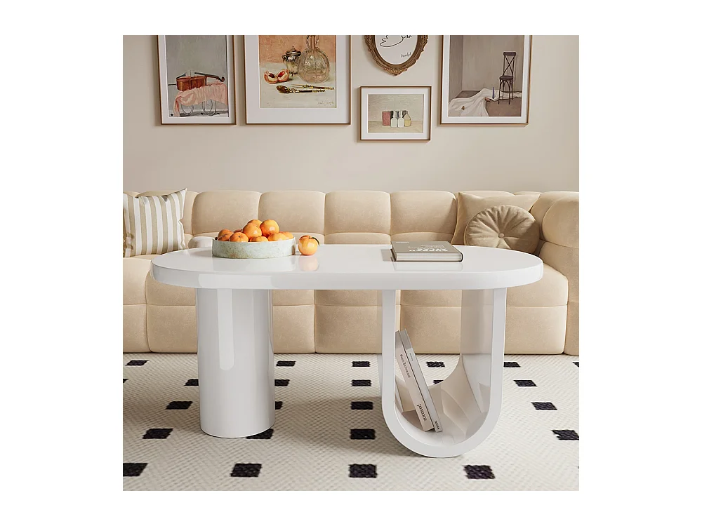 Table basse ovale moderne en blanc pieds en U stables surface facile d'entretien parfaite espace de rangement spacieux blanc