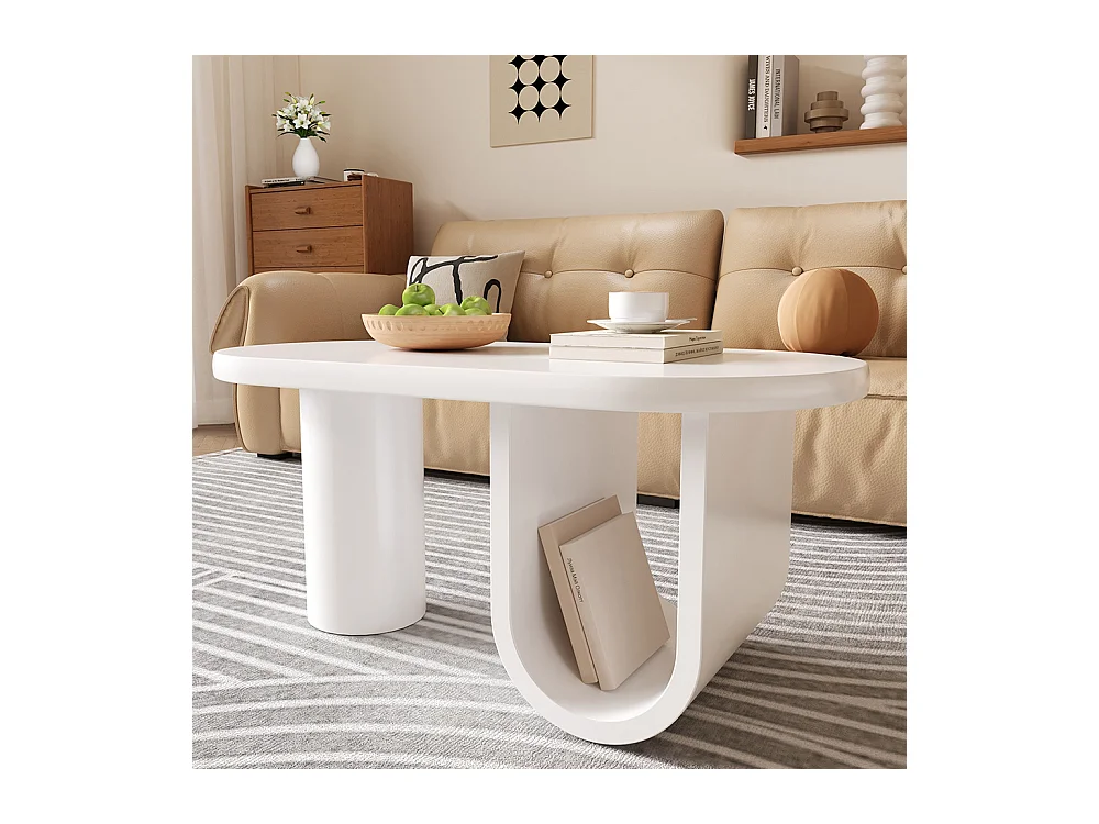Table basse ovale moderne en blanc pieds en U stables surface facile d'entretien parfaite espace de rangement spacieux blanc