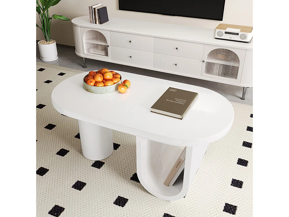 Table basse ovale moderne en blanc pieds en U stables surface facile d'entretien parfaite espace de rangement spacieux blanc