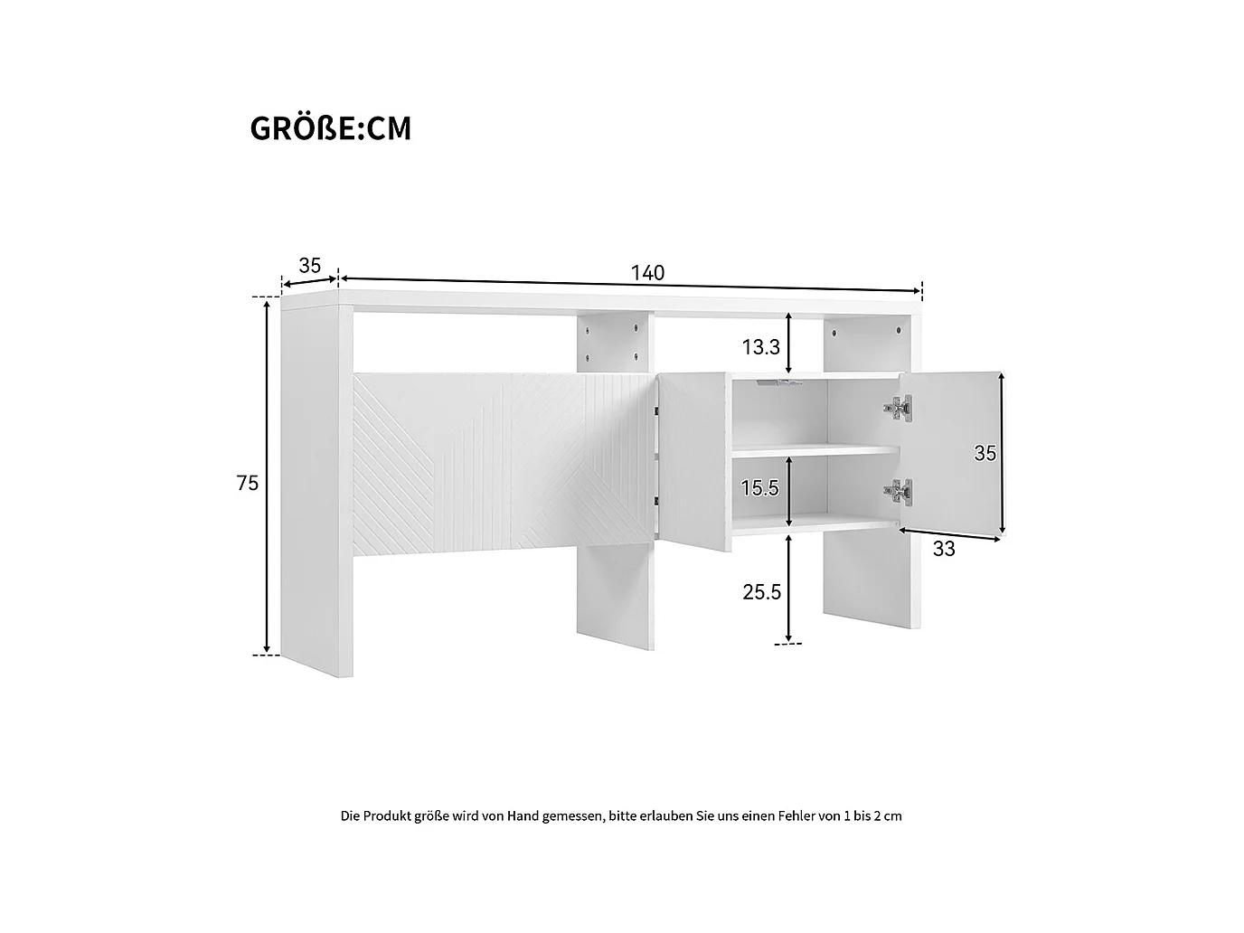 Buffet blanc commode meuble d'entrée 2 compartiments ouverts 4 portes