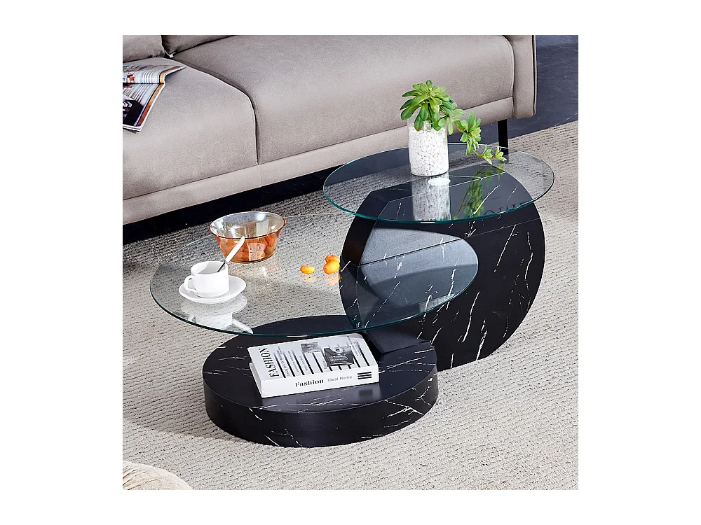 Table basse moderne minimaliste verre trempé design multicouche support MDF autocollants noirs texturés