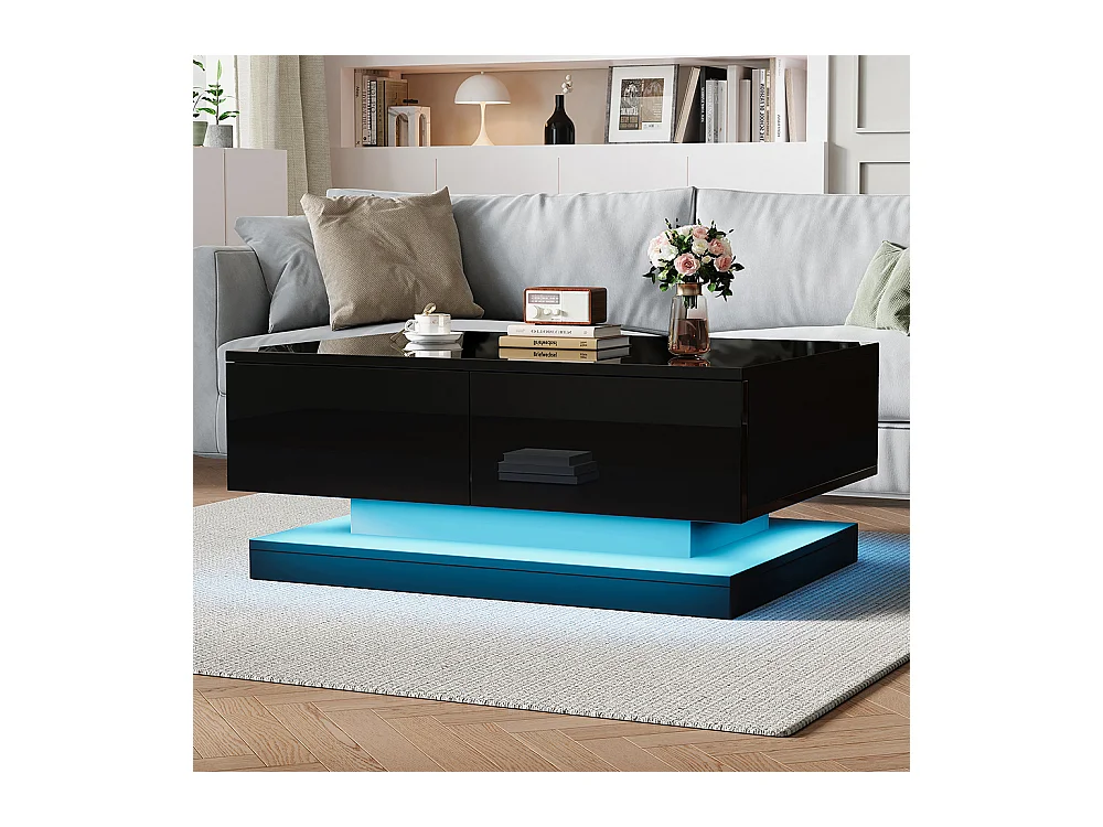 Salontafel 90x50x38 cm zwart 2 lades LED mobiele app