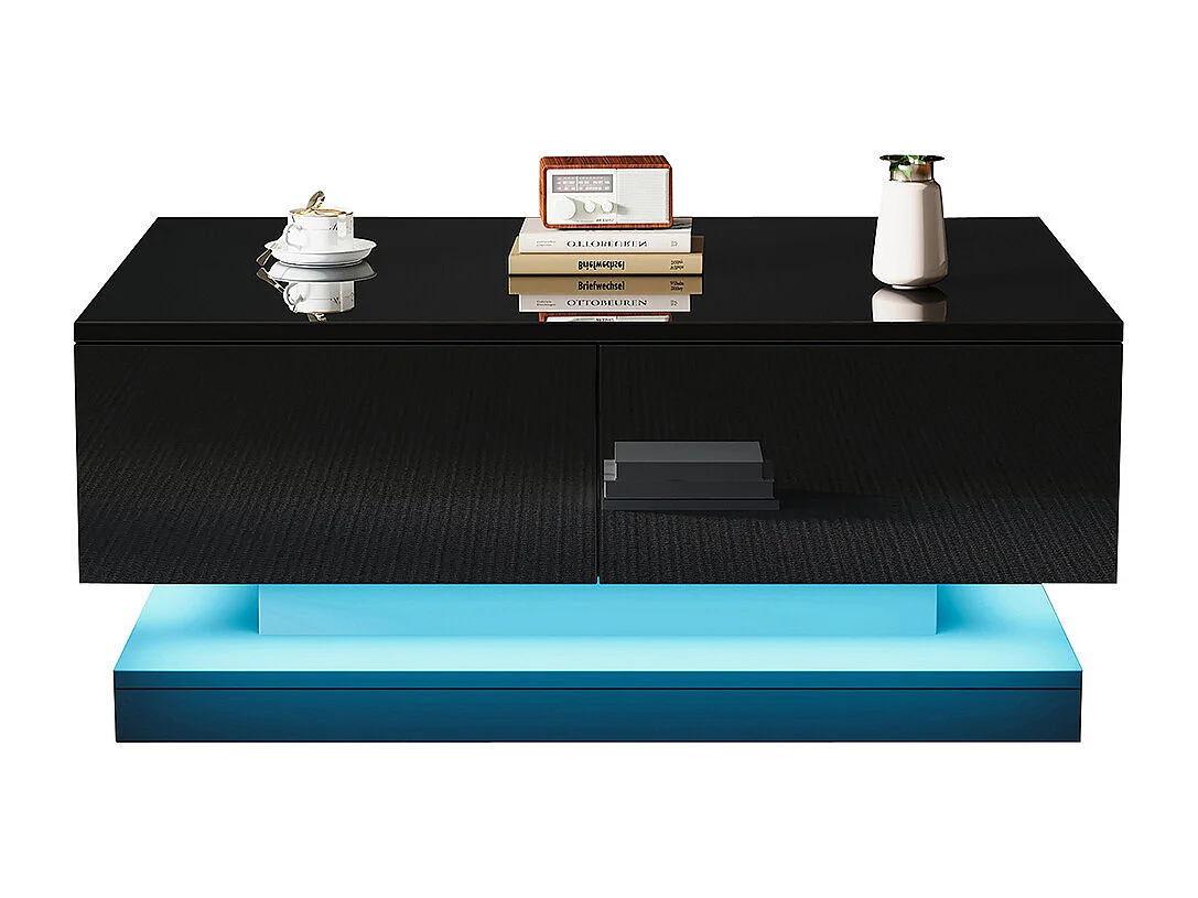 Table basse 90x50x38 cm noir 2 tiroirs LED application mobile