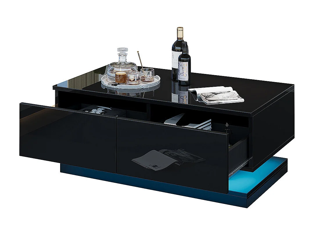 Table basse 90x50x38 cm noir 2 tiroirs LED application mobile