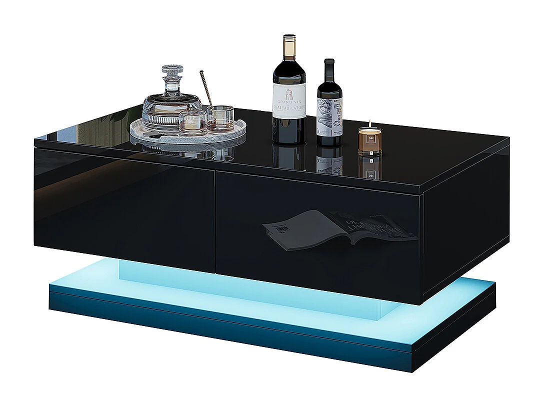 Table basse 90x50x38 cm noir 2 tiroirs LED application mobile