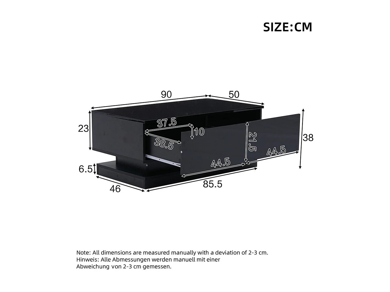Table basse 90x50x38 cm noir 2 tiroirs LED application mobile