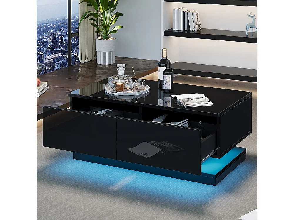 Table basse 90x50x38 cm noir 2 tiroirs LED application mobile