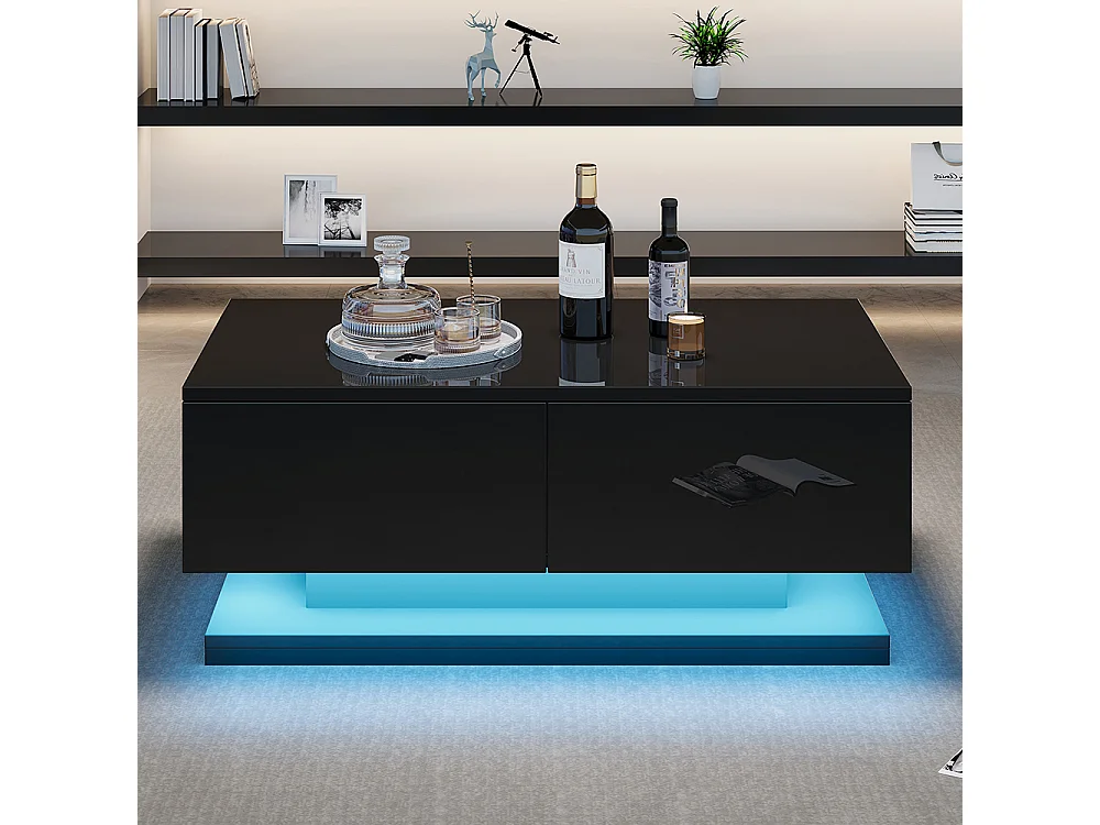 Table basse 90x50x38 cm noir 2 tiroirs LED application mobile