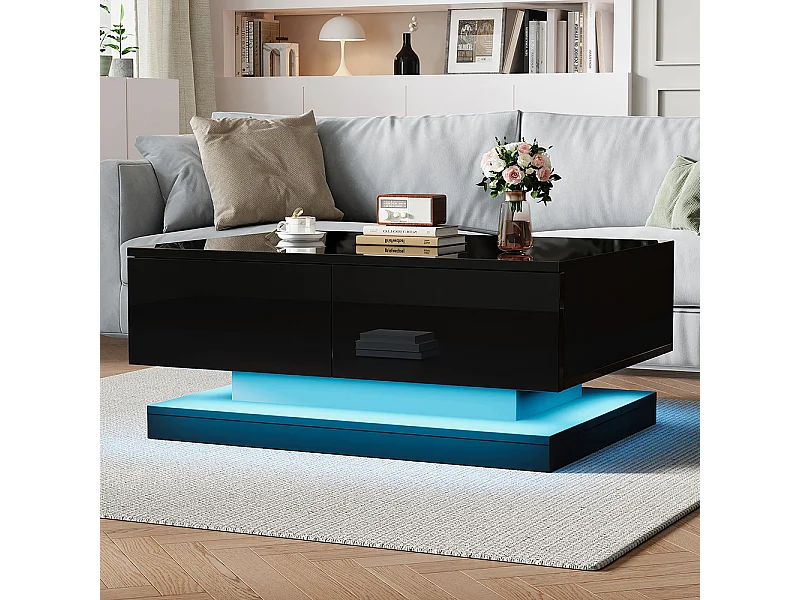 Table basse 90x50x38 cm noir 2 tiroirs LED application mobile