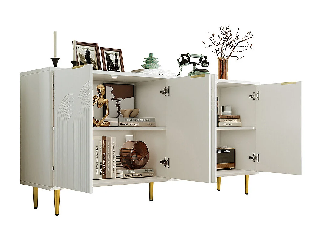 Buffet blanc commode 4 portes salon poignées dorées brossées pieds brillants