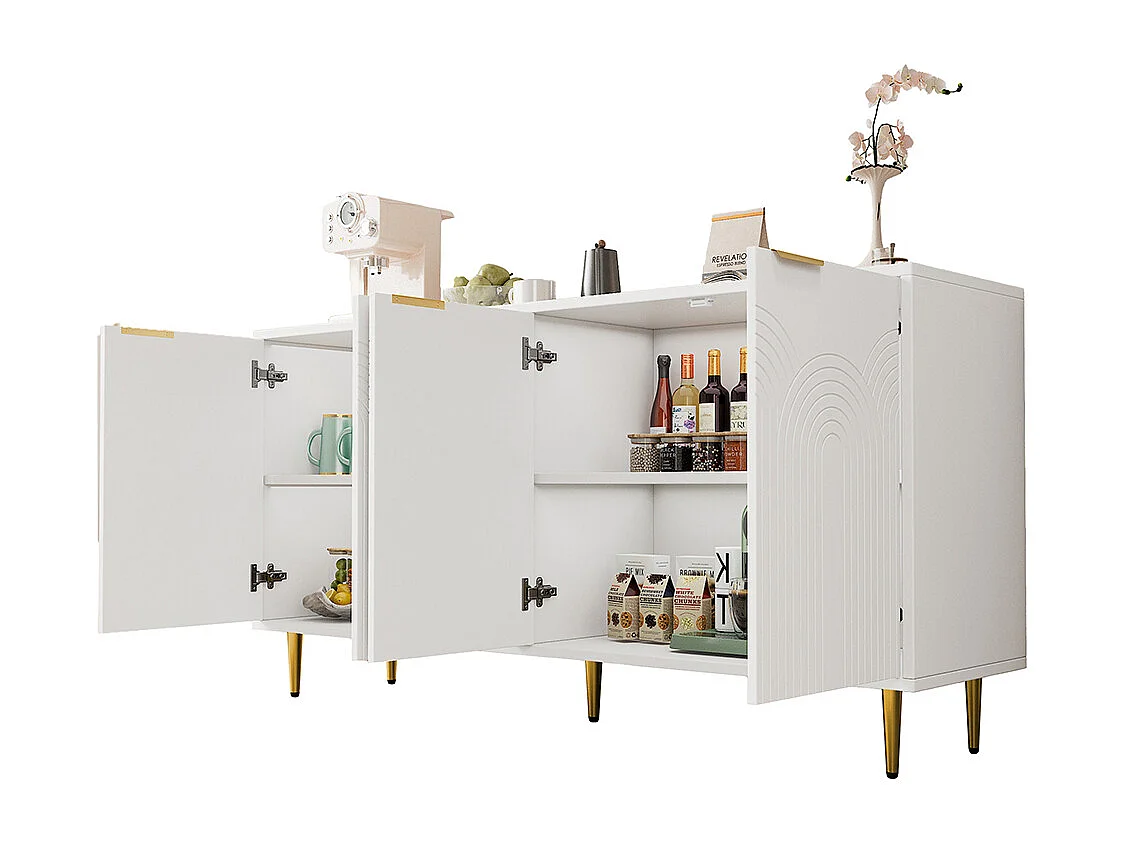 Buffet blanc commode 4 portes salon poignées dorées brossées pieds brillants