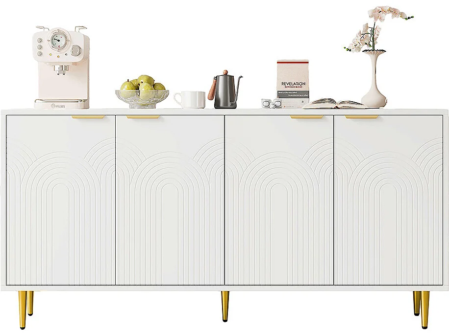 Buffet blanc commode 4 portes salon poignées dorées brossées pieds brillants