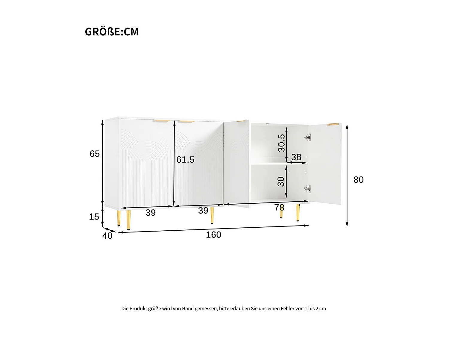 Buffet blanc commode 4 portes salon poignées dorées brossées pieds brillants