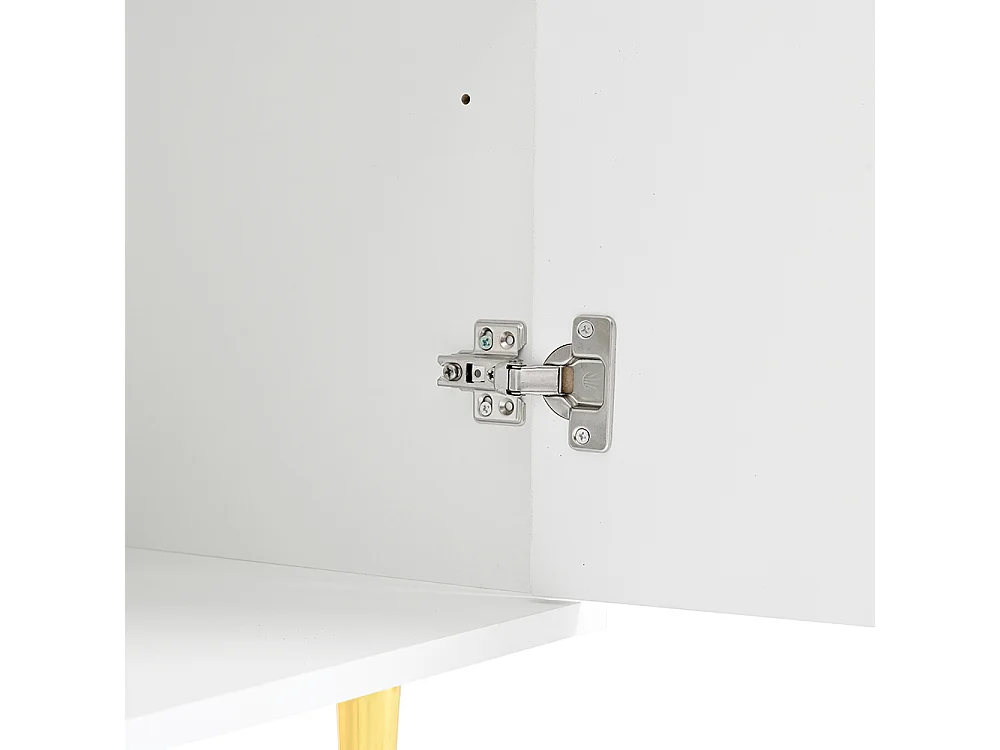 Buffet blanc commode 4 portes salon poignées dorées brossées pieds brillants