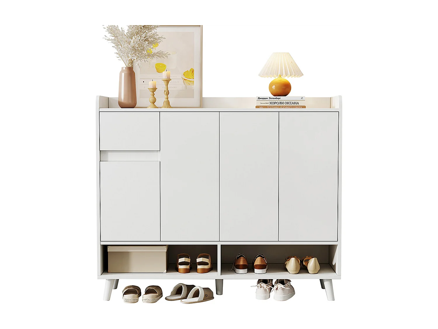 Buffet blanc 4 portes 1 tiroir commode armoire à chaussures espace rangement salle à manger salon cuisine