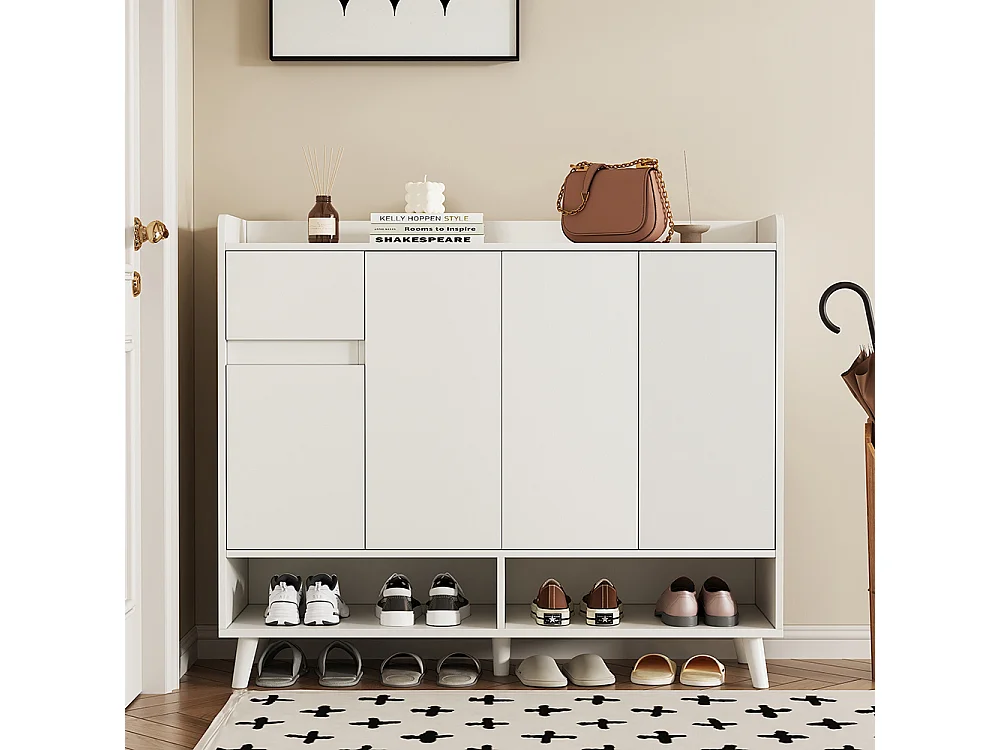 Buffet blanc 4 portes 1 tiroir commode armoire à chaussures espace rangement salle à manger salon cuisine