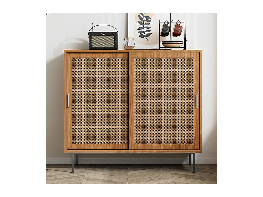 Buffet 2 portes coulissantes naturel étagères réglables style cottage salon salle à manger