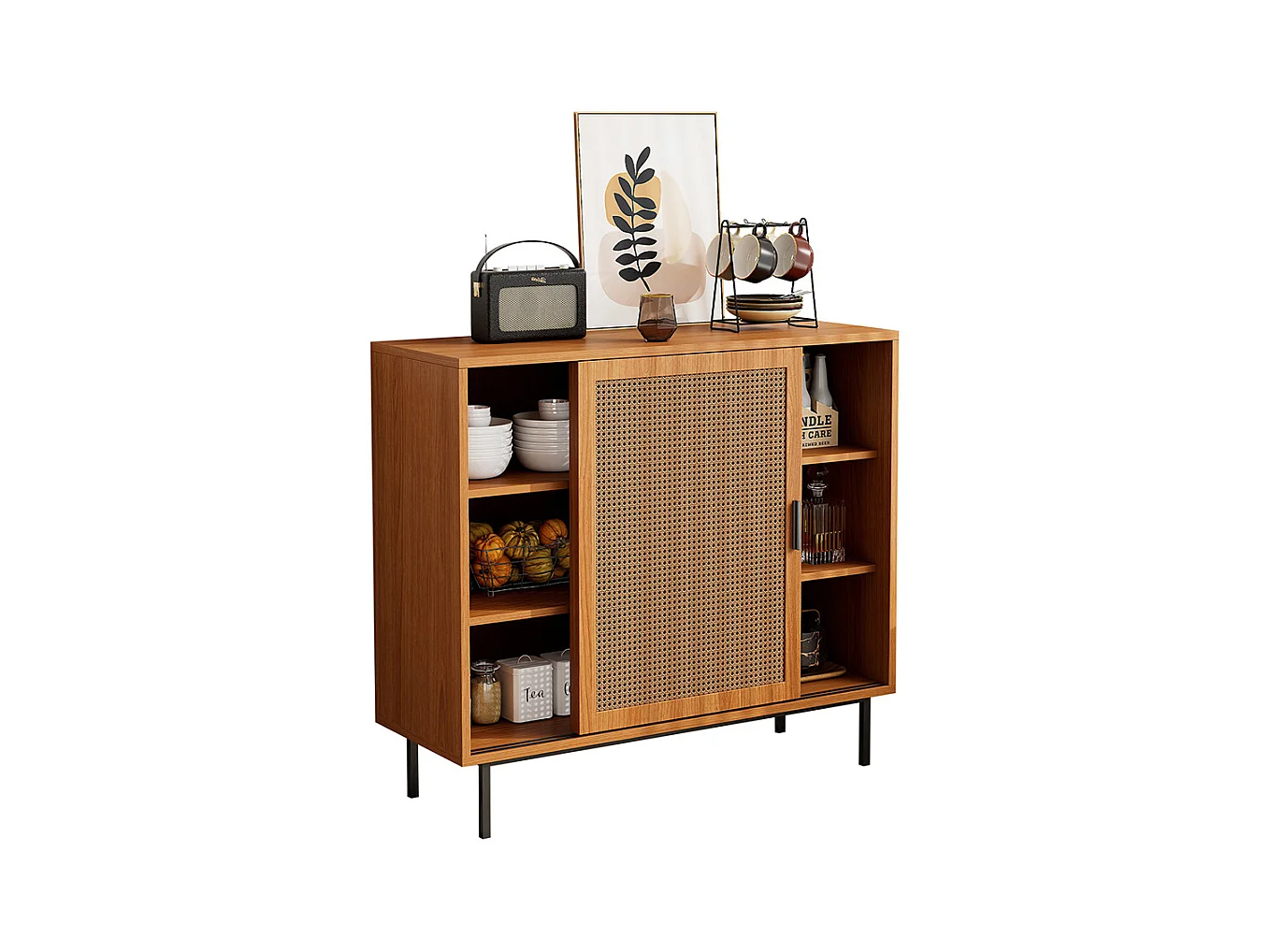 Buffet 2 portes coulissantes naturel étagères réglables style cottage salon salle à manger