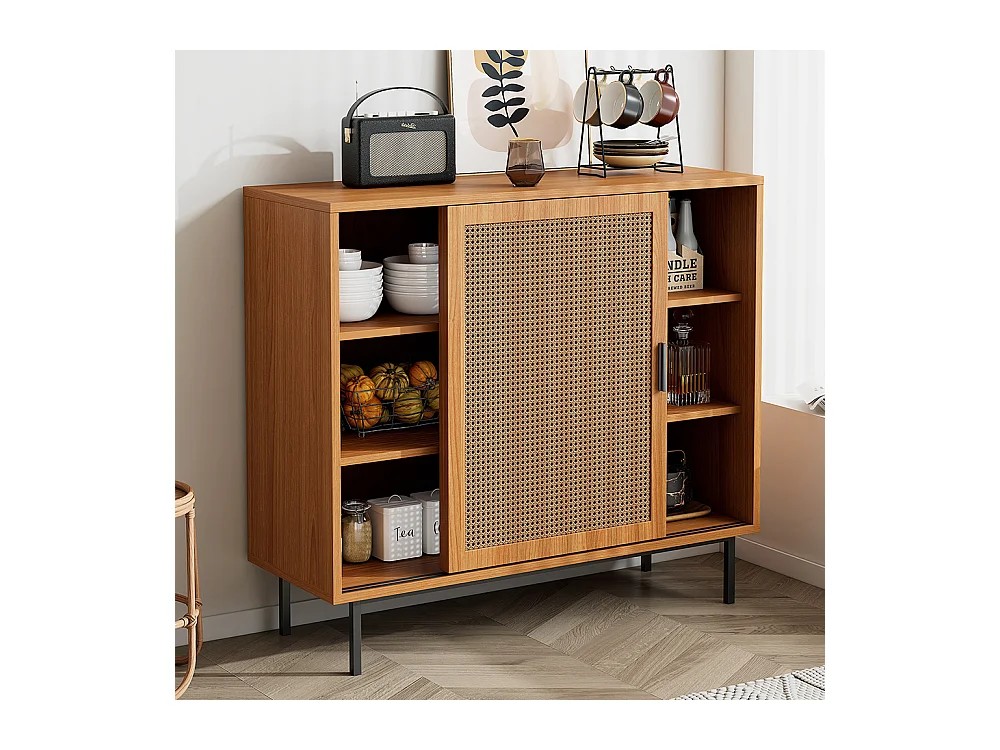 Buffet 2 portes coulissantes naturel étagères réglables style cottage salon salle à manger