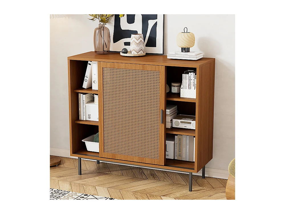 Buffet 2 portes coulissantes naturel étagères réglables style cottage salon salle à manger