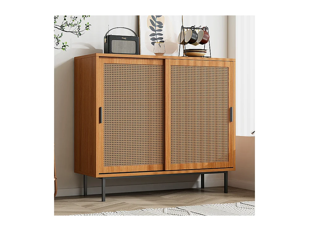 Buffet 2 portes coulissantes naturel étagères réglables style cottage salon salle à manger