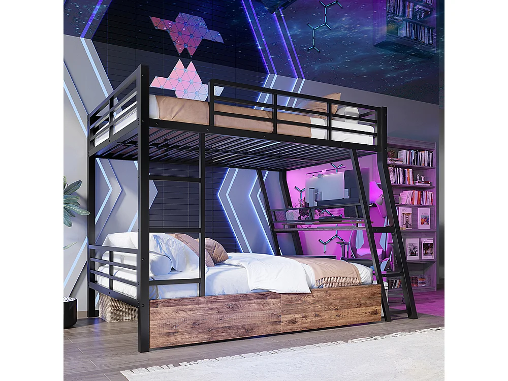 Lit superposé enfant 140x200 cm cadre en fer bande LED tiroirs garde-corps escalier bureau sans matelas noir