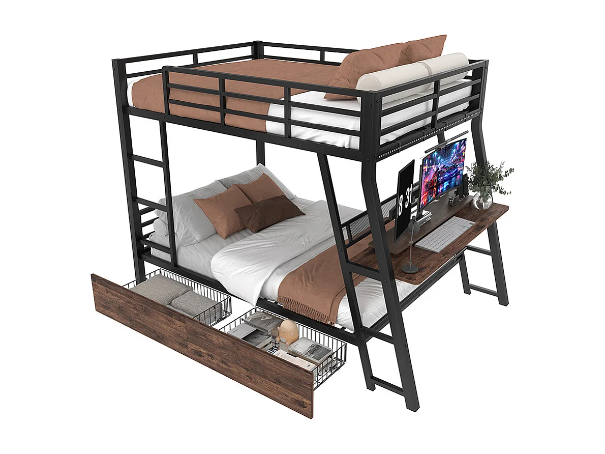 Lit superposé enfant 140x200 cm cadre en fer bande LED tiroirs garde-corps escalier bureau sans matelas noir