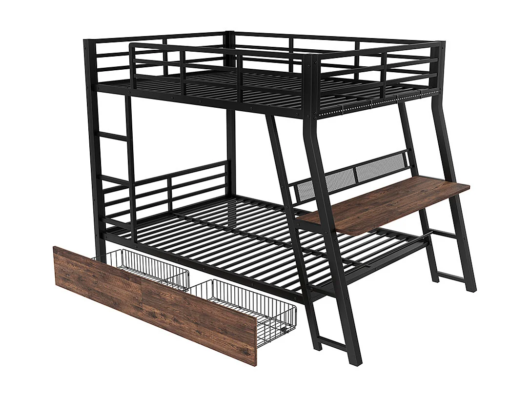 Lit superposé enfant 140x200 cm cadre en fer bande LED tiroirs garde-corps escalier bureau sans matelas noir