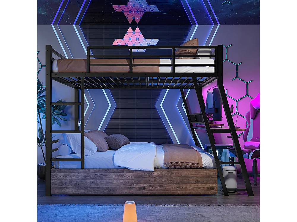 Lit superposé enfant 140x200 cm cadre en fer bande LED tiroirs garde-corps escalier bureau sans matelas noir
