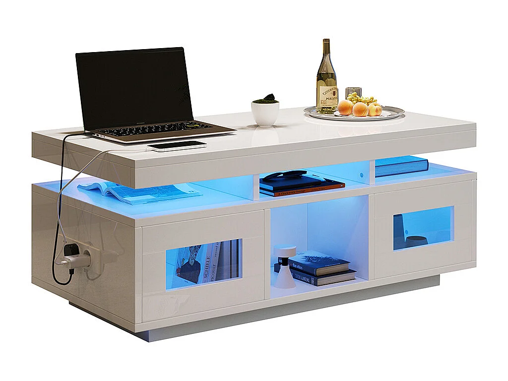 Salontafel 100x50x43 cm wit LED mobiele app kast oplaadpunt stopcontact