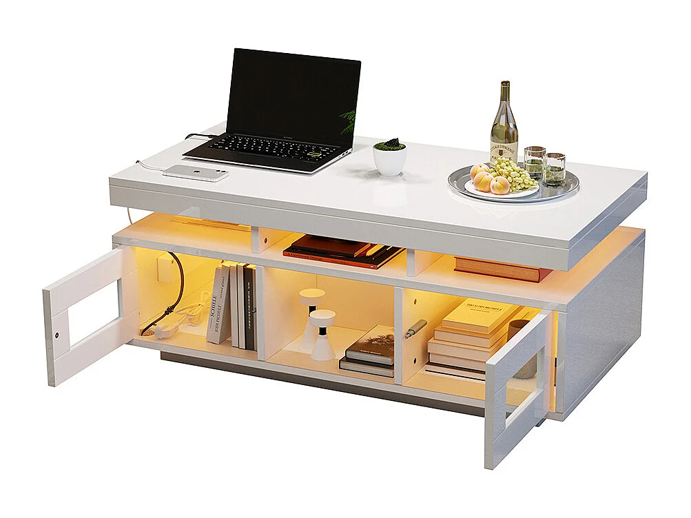 Salontafel 100x50x43 cm wit LED mobiele app kast oplaadpunt stopcontact