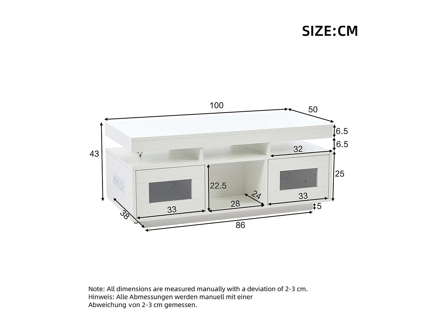 Salontafel 100x50x43 cm wit LED mobiele app kast oplaadpunt stopcontact