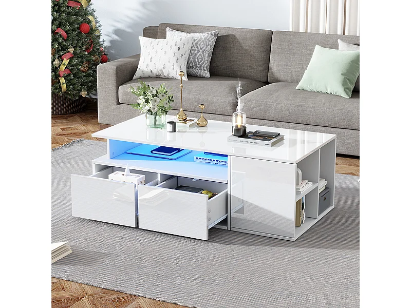 Table basse 100x50x35 cm blanc LED 2 tiroirs rangement spacieux charge 60 kg