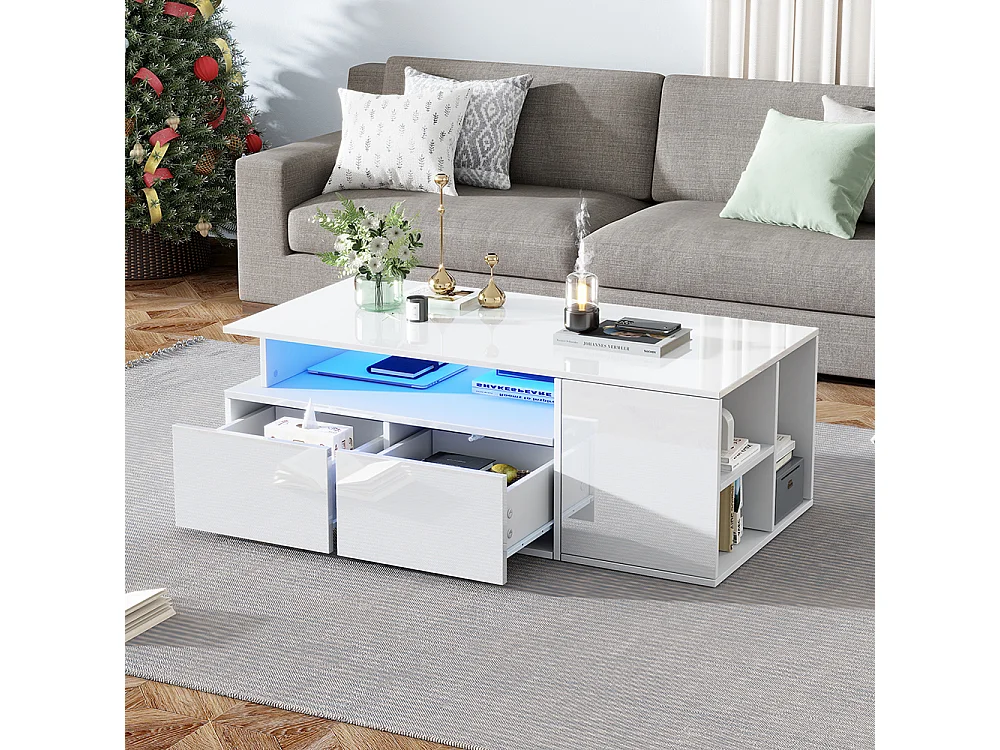 Table basse 100x50x35 cm blanc LED 2 tiroirs rangement spacieux charge 60 kg