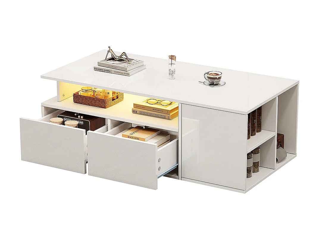 Table basse 100x50x35 cm blanc LED 2 tiroirs rangement spacieux charge 60 kg