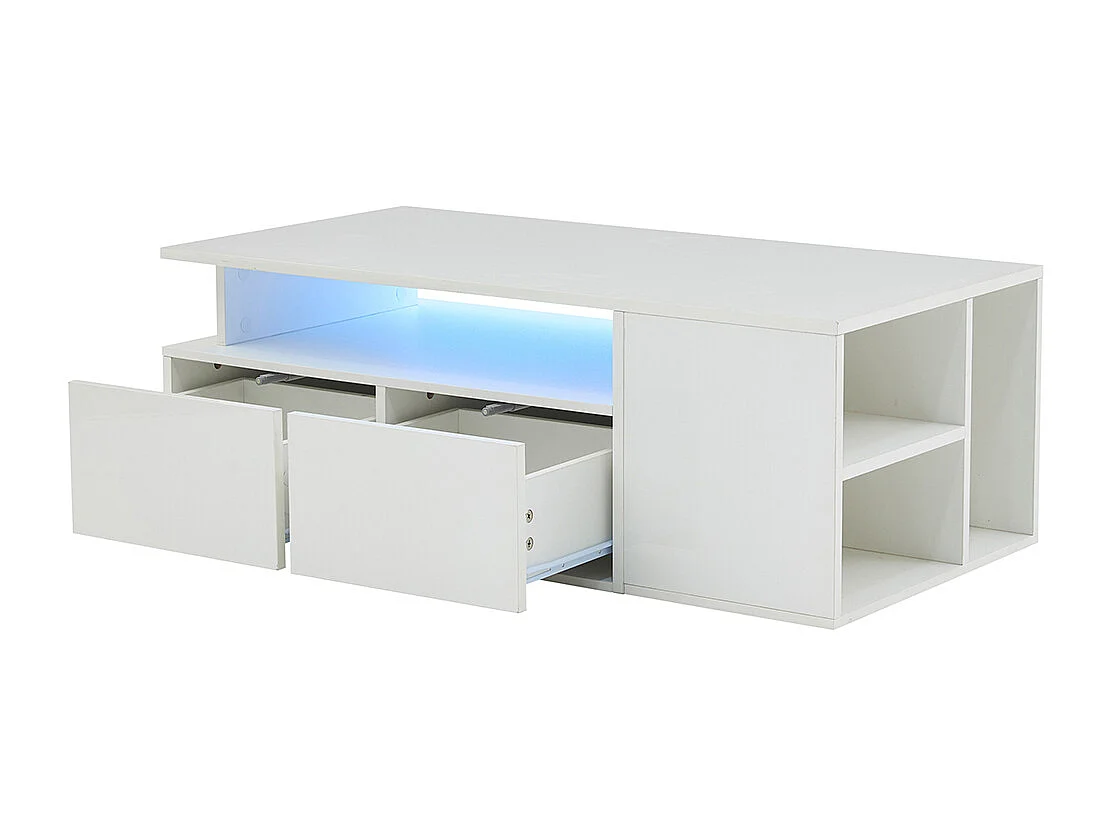 Table basse 100x50x35 cm blanc LED 2 tiroirs rangement spacieux charge 60 kg