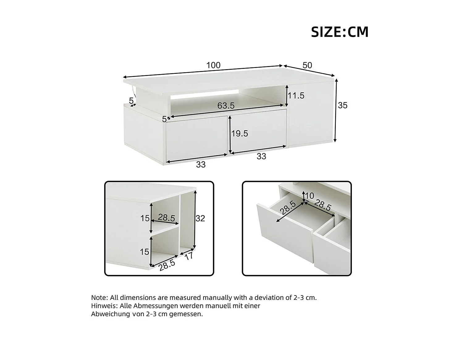 Table basse 100x50x35 cm blanc LED 2 tiroirs rangement spacieux charge 60 kg