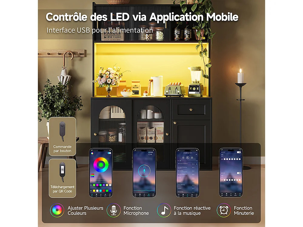 Buffet haut armoire haute vitrine étagères réglables armoire salle à manger éclairage LED noir