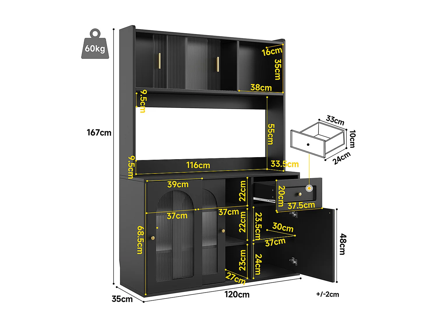 Buffet haut armoire haute vitrine étagères réglables armoire salle à manger éclairage LED noir