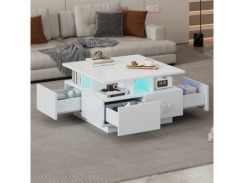 Table basse 70x70x40 cm blanc brillante LED 4 tiroirs design géométrique charge 30 kg